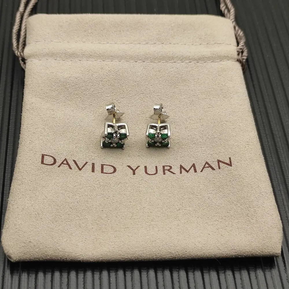 David Yurman Silver Green Diamond Pyramid Earrings